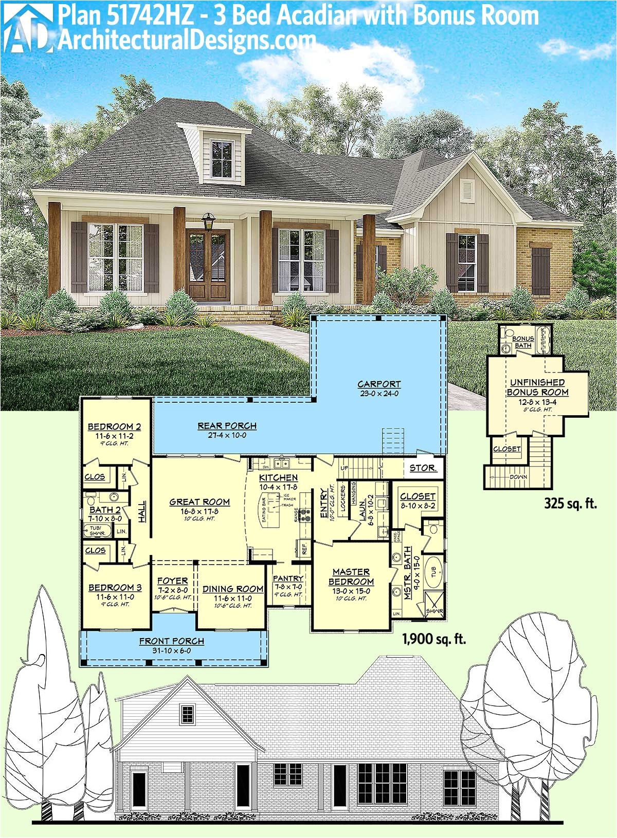 2 Story Acadian House Plans Plan 51742hz 3 Bed Acadian Home Plan with Bonus Over 2 Story Acadian House Plans Plan 51742hz 3 Bed Acadian Home Plan with Bonus Over