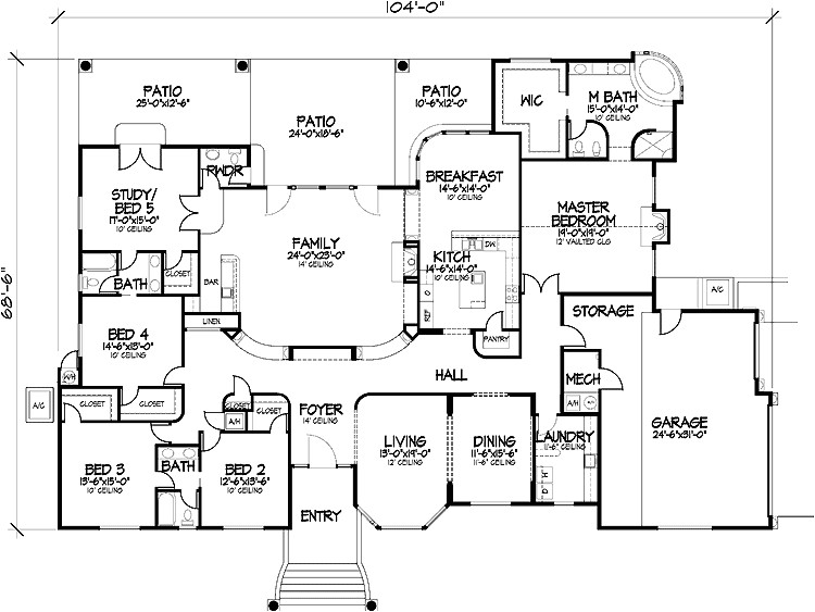 5 Bed 3 Bath House Plans One Story Five Bedroom Home Plans Home Plans Homepw72132