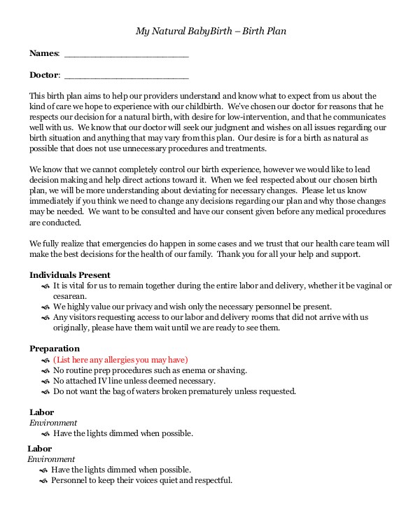 Home Birth Plan 9 Sample Birth Plans Sample Templates Home Birth Plan 9 Sample Birth Plans Sample Templates