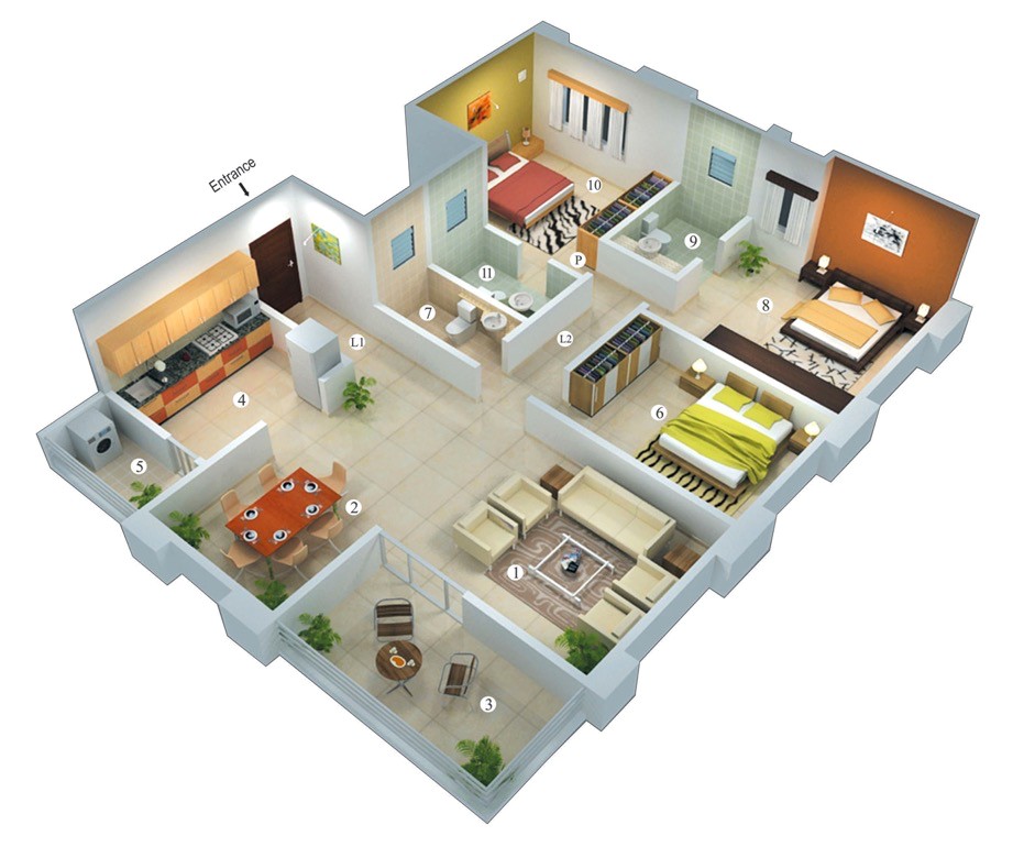 Home Plans 3d 25 More 3 Bedroom 3d Floor Plans