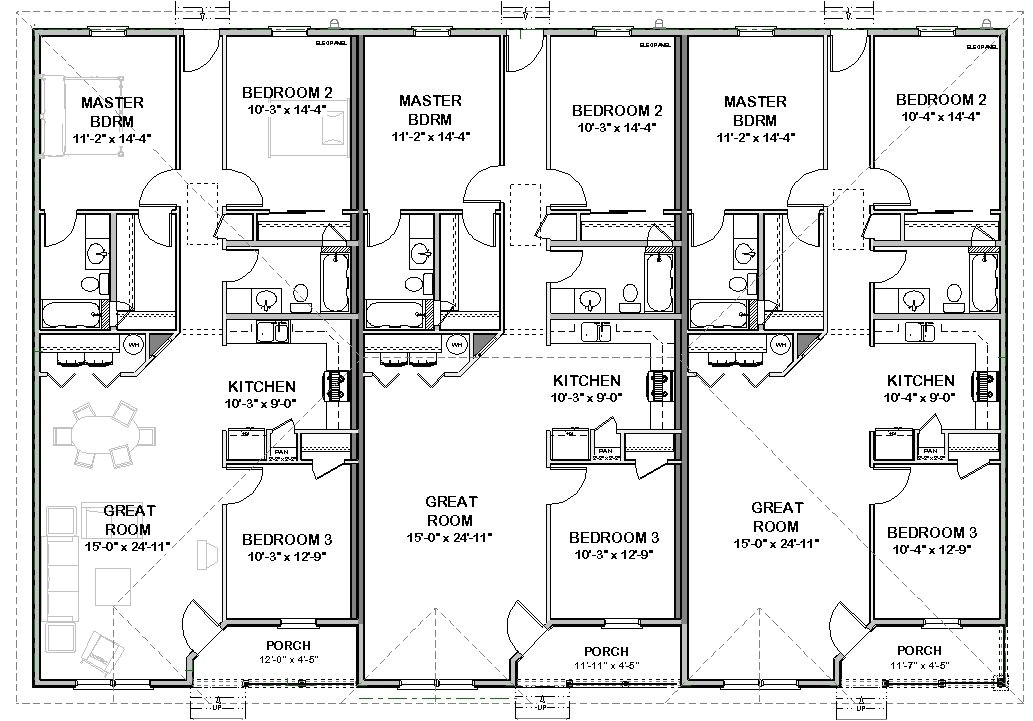 Triplex Home Plans Triplex House Plans 1 387 S F Ea Unit 3 Beds 2 Ba Triplex Home Plans Triplex House Plans 1 387 S F Ea Unit 3 Beds 2 Ba