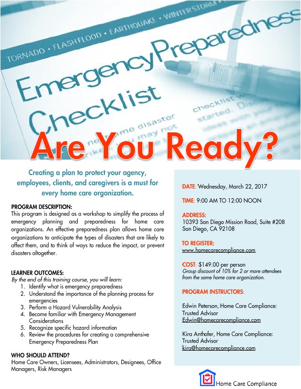 Home Care Emergency Preparedness Plan Emergency Preparedness are You Ready California Home