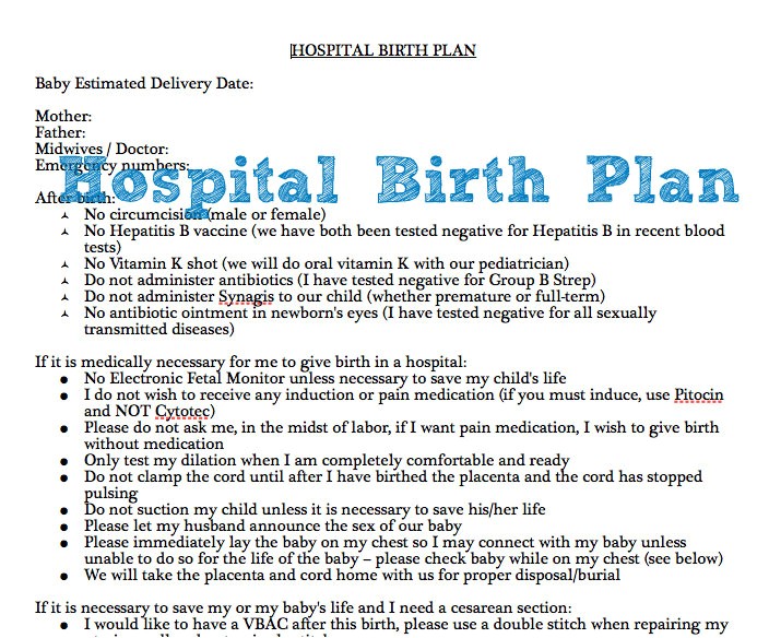 Home Birth Birth Plan Example Of Hospital Birth Plan Free Printable