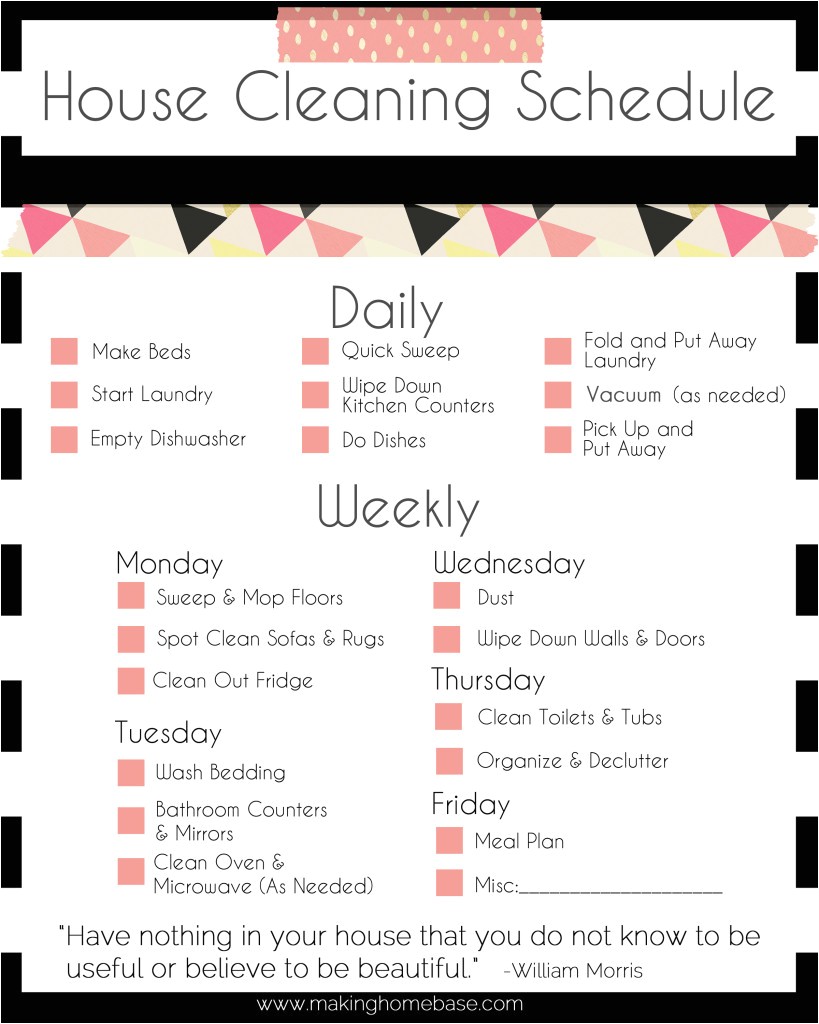 Home Cleaning Plan A Basic Cleaning Schedule Checklist Printable