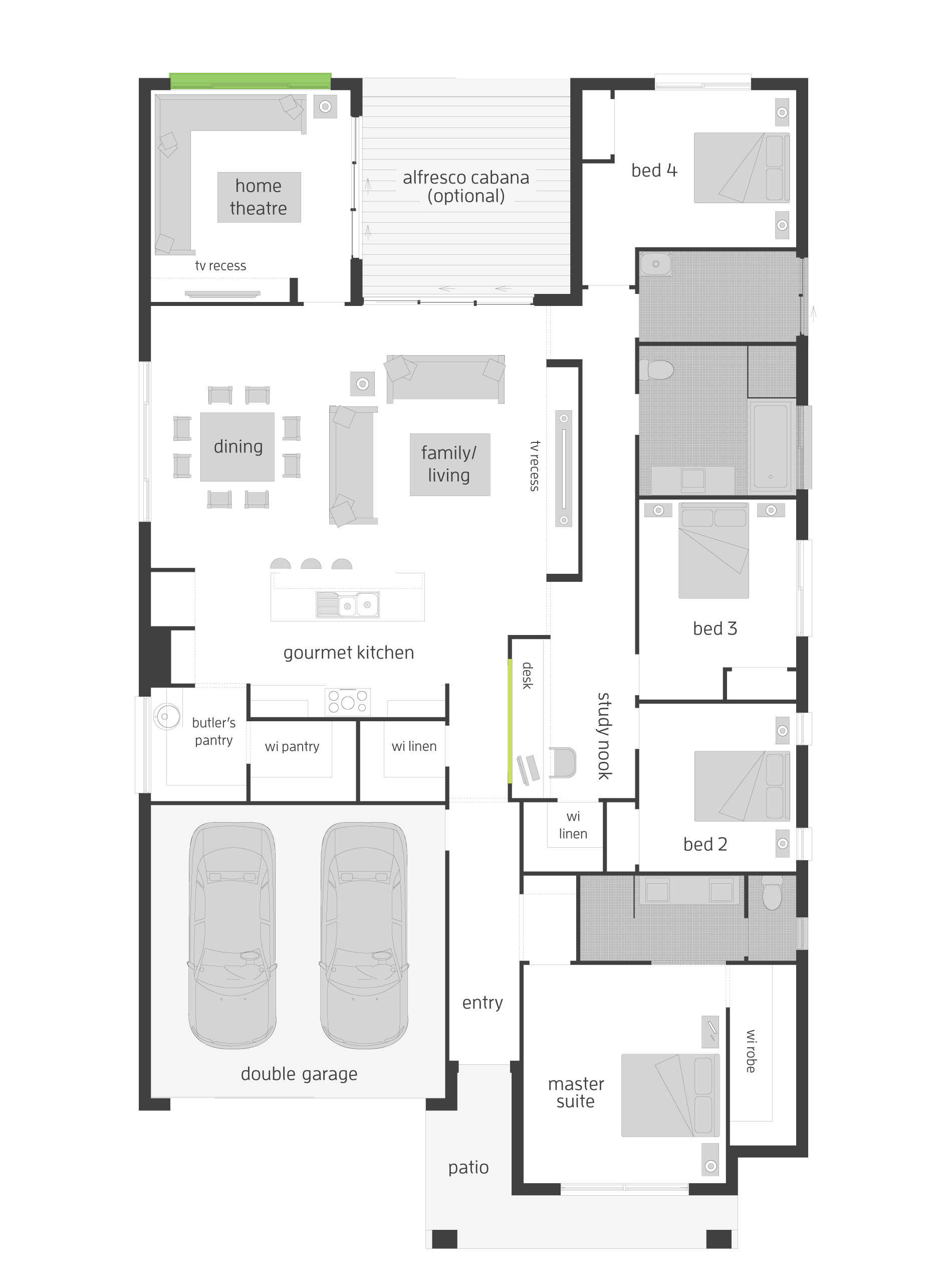 House Plans with Large Kitchens and Pantry Floor Plan Friday 4 Bedroom with theatre Study Nook House Plans with Large Kitchens and Pantry Floor Plan Friday 4 Bedroom with theatre Study Nook
