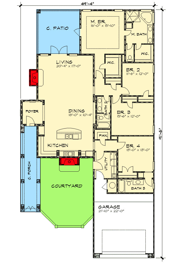 Narrow Lot Home Plans Narrow Lot Courtyard Home Plan 36818jg 1st Floor