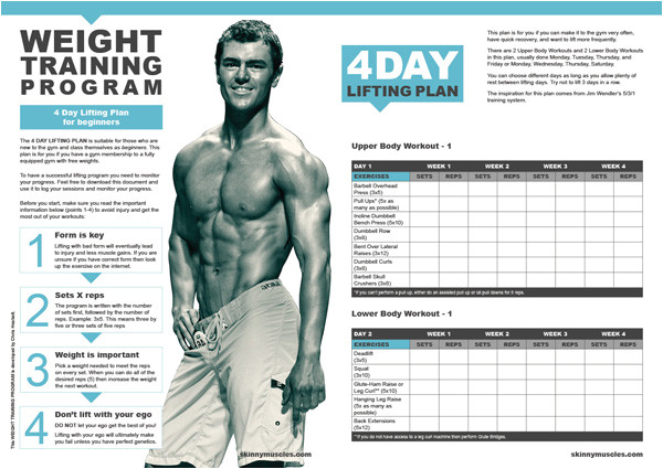 Weight Lifting Plan for Beginners at Home Weight Training Program 4 Day Lifting Plan for Beginners