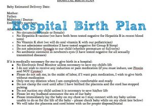 Planning A Home Birth Example Of Hospital Birth Plan Free Printable